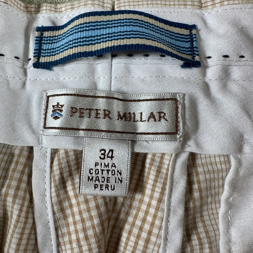 Peter Millar Mens 34 Pima Cotton Plaid Shorts Tan White Flat Front Golf Casual